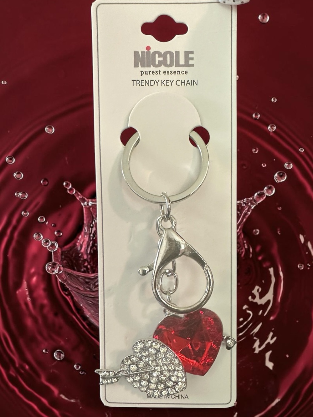 3/$25 Nicole Silver Tone Key Chain with Red Heart and Crystal Charm